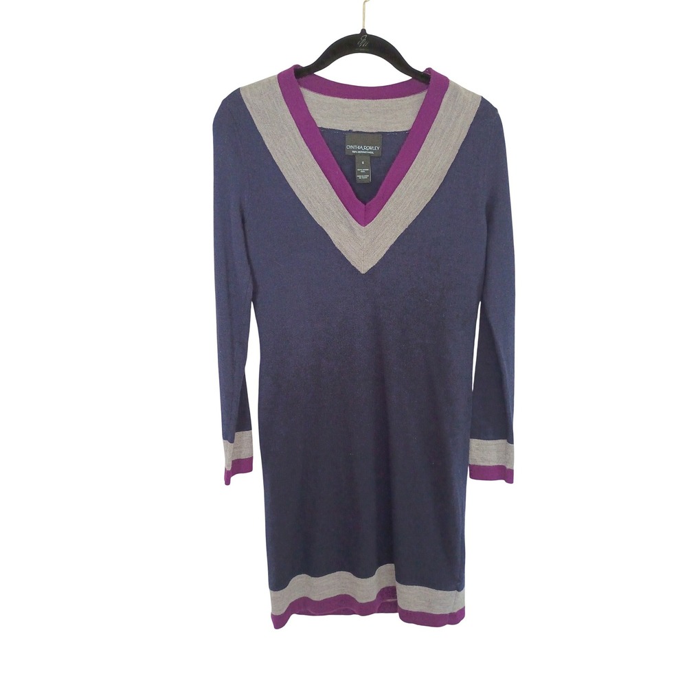 Cynthia Rowley Navy Blue 100% Merino Wool Colorblock V-Neck Sweater Dress S